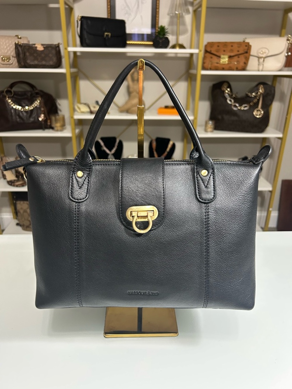 “Harbour 2nd” Black Leather Satchel Handbag with Gold Hardware